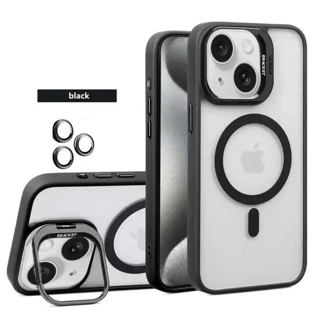 Case For iPhone 15 (6.1") The Compass Series Full Set Compatible with Magsafe Clear Protective With Raised Camera Kickstand, Matching Camera Lens Protector Metal Rings And Retail Packaging - Black