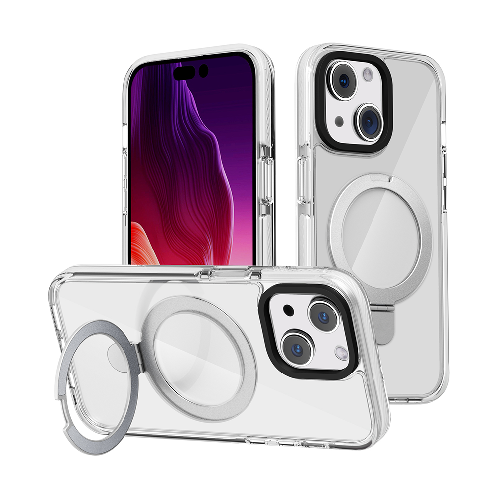 Case For iPhone 15 (6.1") The Ultimate Premium Clarity Ultra Thick Protective Compatible with Magsafe With Metal Magnetic Circle Stand And 3mm Raised Camera Protection - White Clear