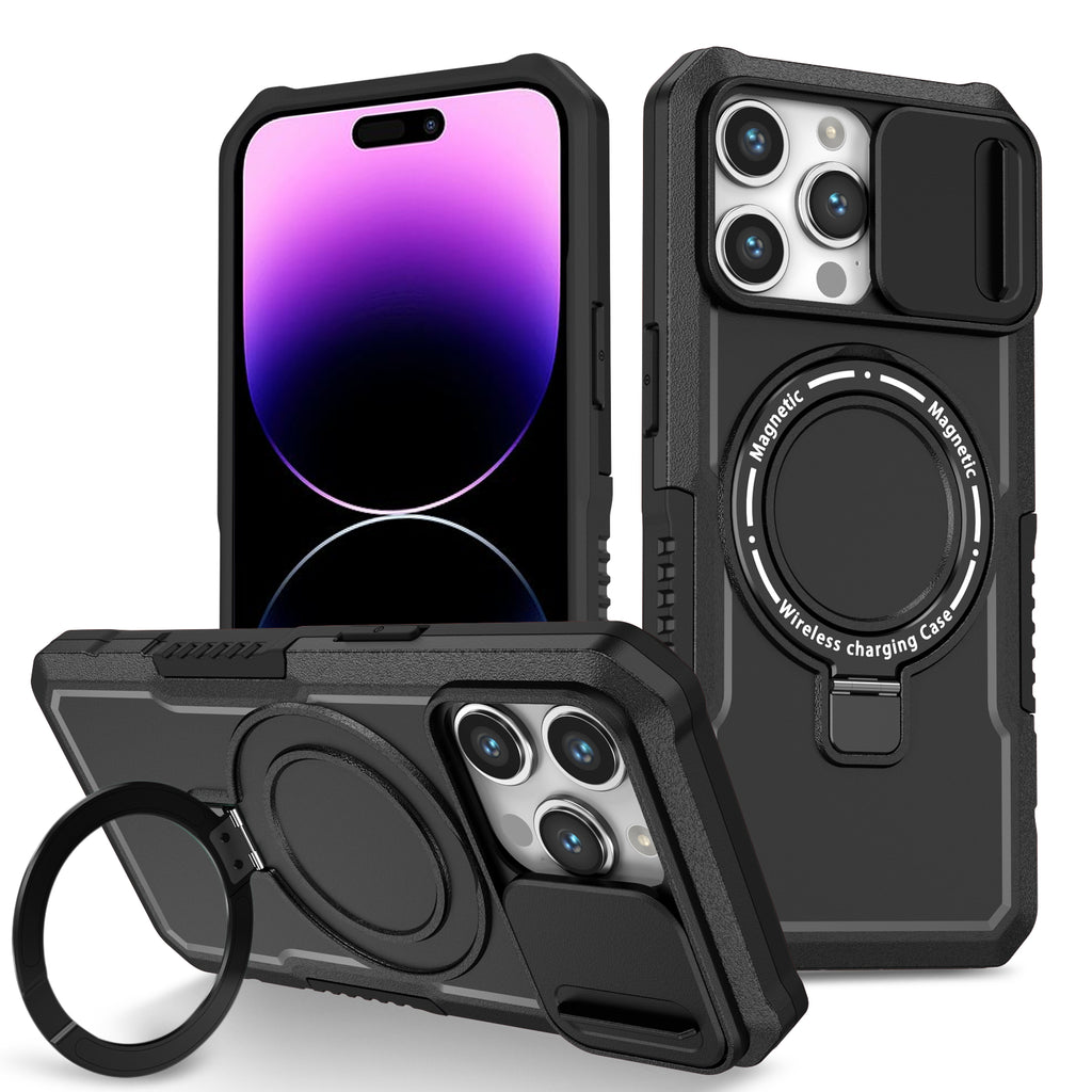 Case For iPhone 15 Pro (6.1") Guardian Compatible with Magsafe Series Heavy Duty Protective With Compatible with Magsafe Charging Magnetic Kickstand And Slide-On And Off Camera Protection - Black