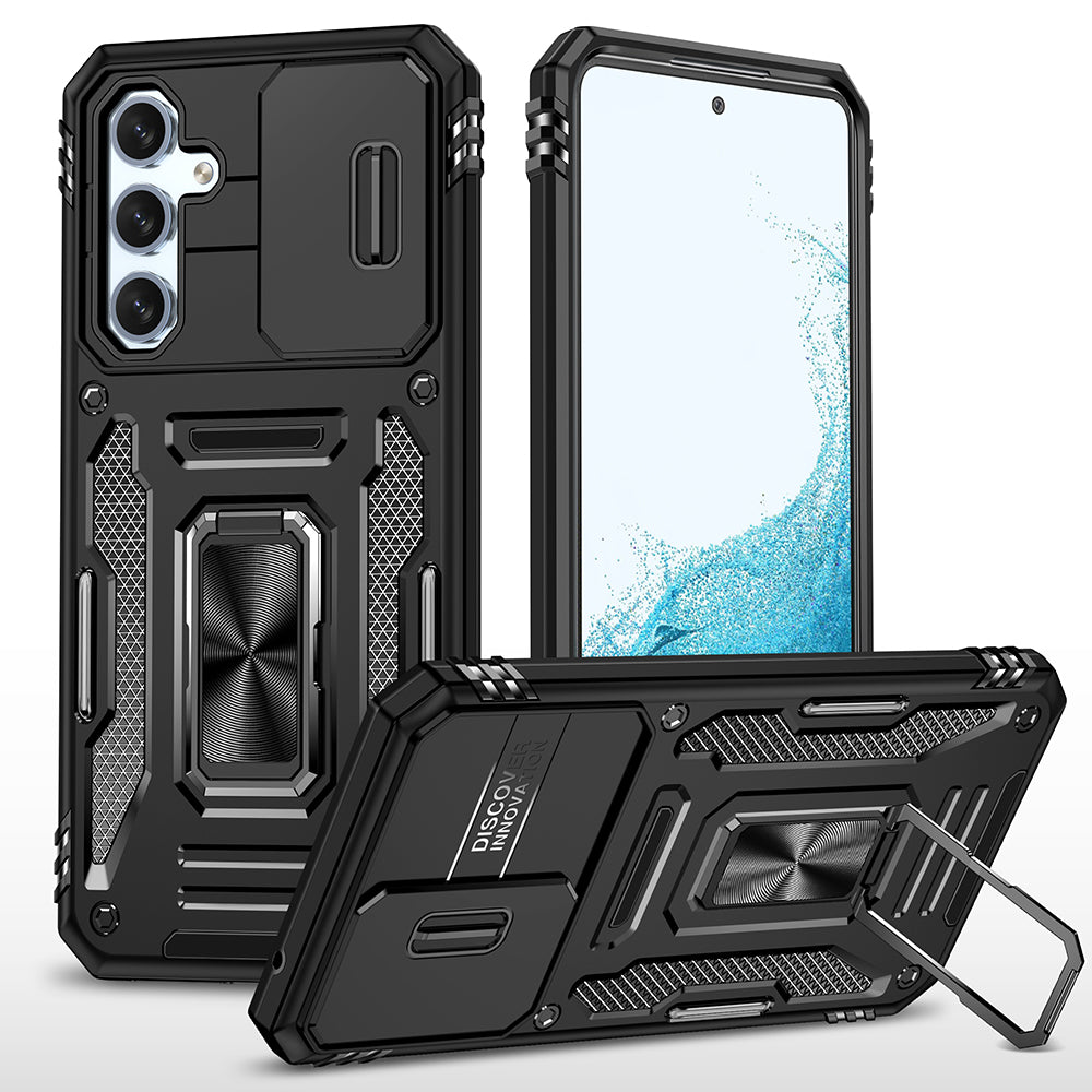 Case For Samsung Galaxy S24 Triumph Rubberized Hybrid Camera Protective With Slide-On And Off Camera Protection Cover & Rotatable Ring Stand With - Black