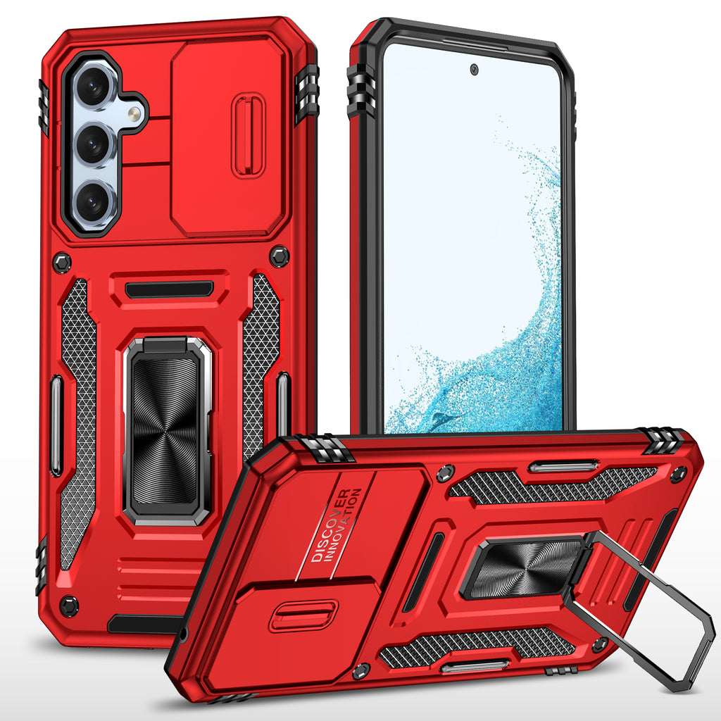 Case For Samsung Galaxy S24 Triumph Rubberized Hybrid Camera Protective With Slide-On And Off Camera Protection Cover & Rotatable Ring Stand With - Red