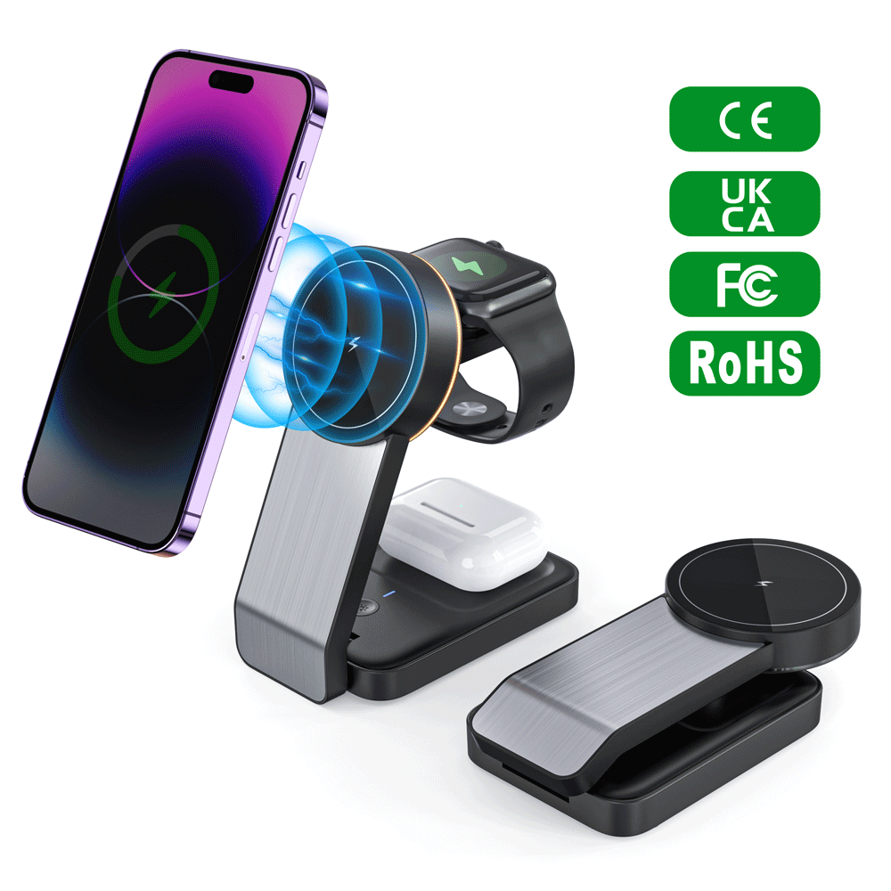 Premium Multipurpose Magnetic Compatible with Magsafe Desktop 3-In-1 Wireless Charging Stand For iPhones Iwatch And Airpods - Black