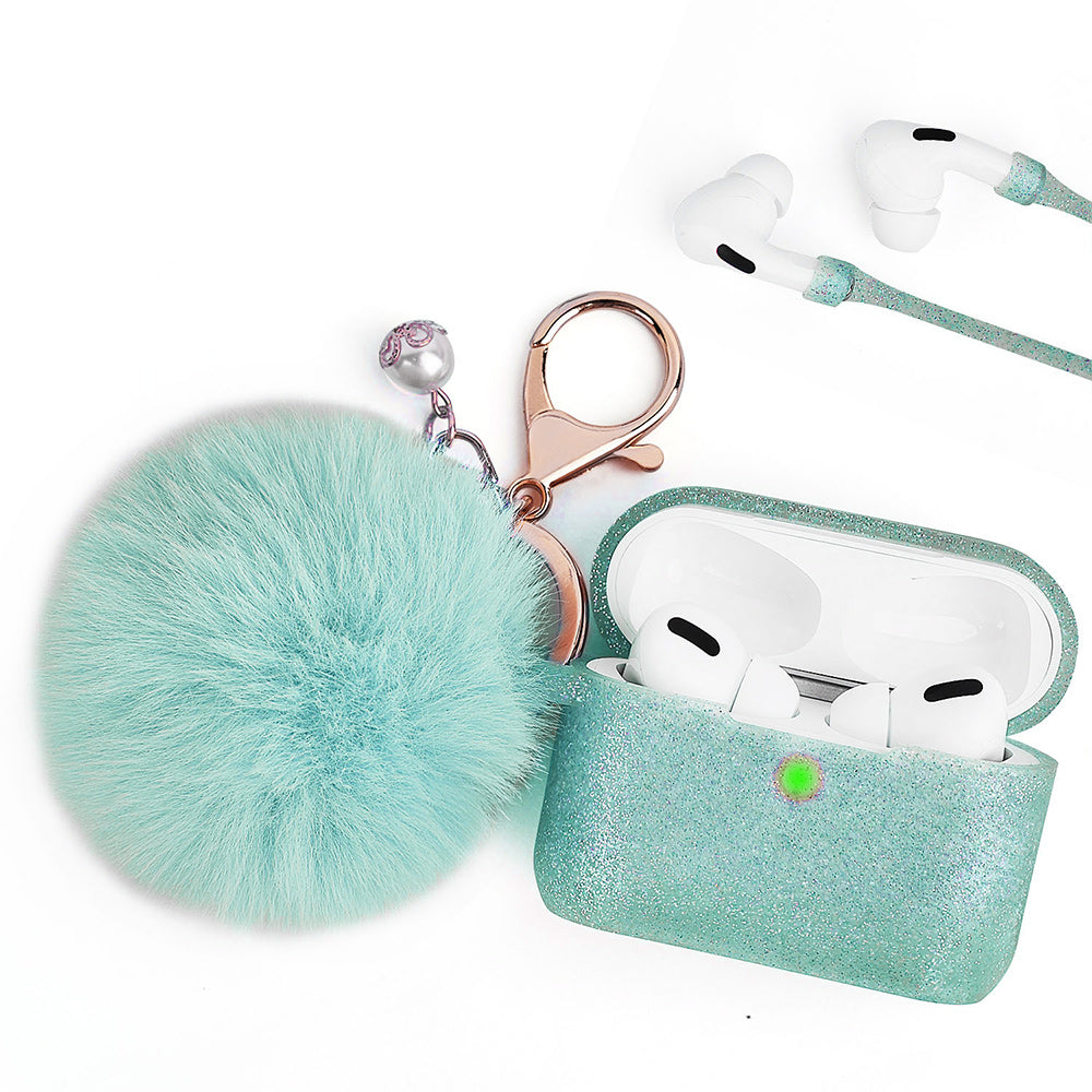 Apple Airpods 3 Case Slim 3-In-1 Silicone TPU with Fur Ball Ornament Key Chain Strap - Glittery Mint Green