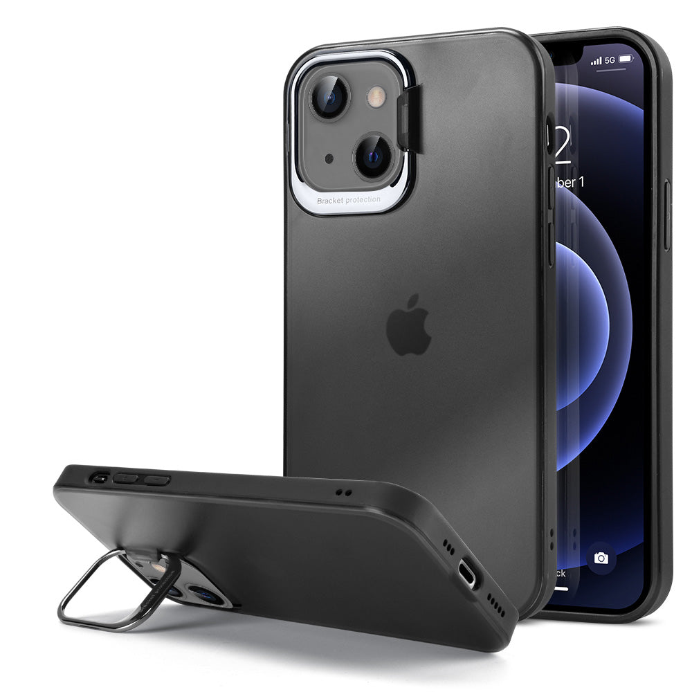 Apple iPhone 13 Case Slim Transparent with Frame Raised Camera Protection & Kickstand - Frosted Black