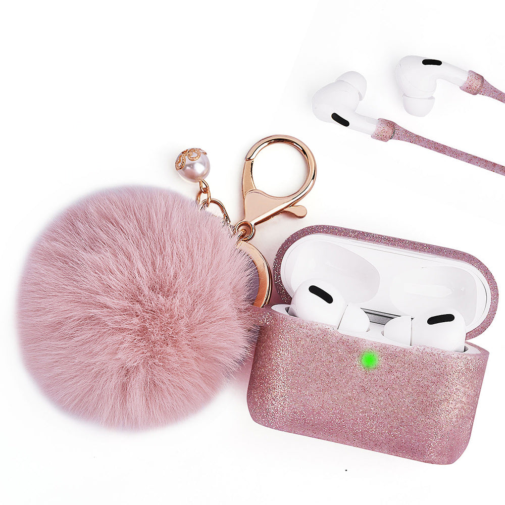 Apple Airpods 3 Case Slim 3-In-1 Silicone TPU with Fur Ball Ornament Key Chain Strap - Rose Gold Glitter