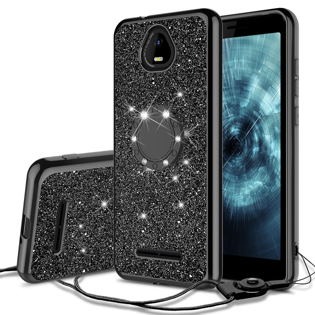 Case for Boost Schok Volt SV55 Case Glitter Cute Phone Case Girls with Kickstand Bling Diamond Rhinestone Bumper Ring Stand Sparkly Luxury Clear Thin Soft Protective Boost Schok Volt SV55 Girl Women - Black