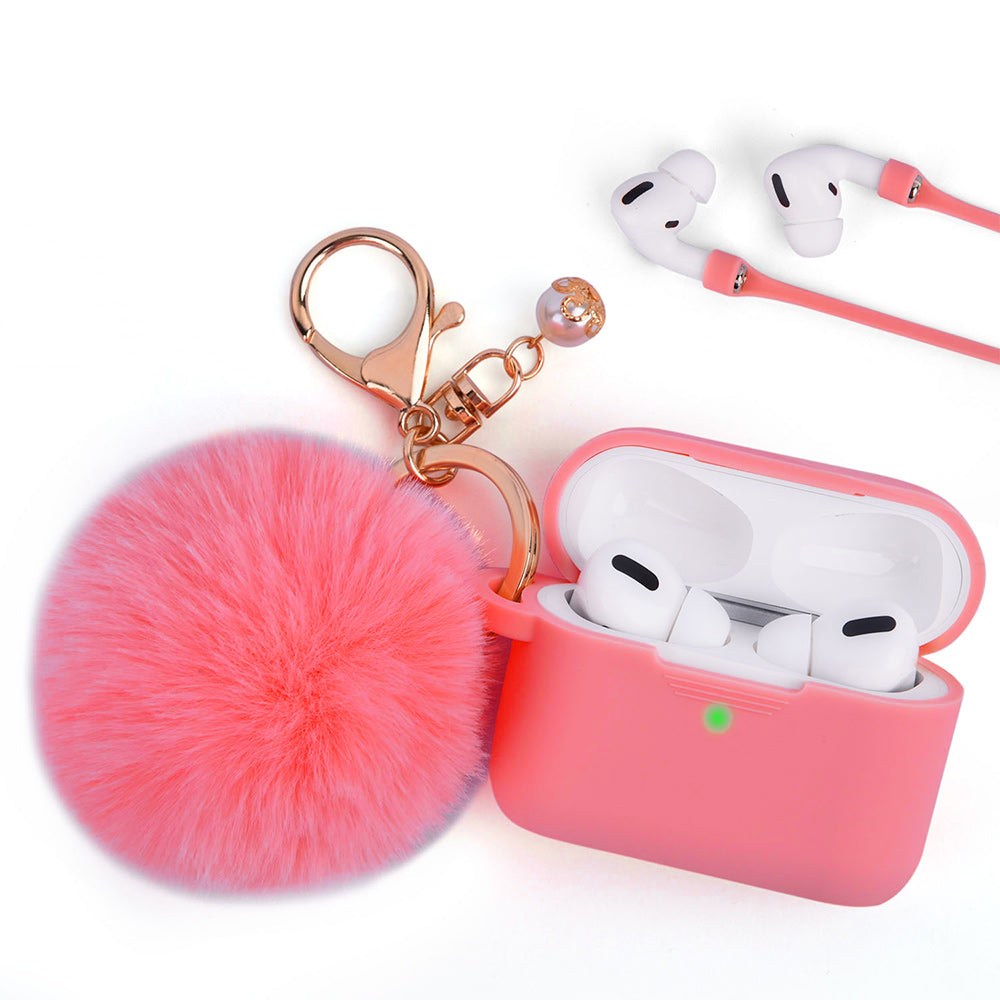 Apple Airpods Pro Case Slim 3-In-1 Silicone TPU with Fur Ball Ornament Key Chain Strap - Coral Red