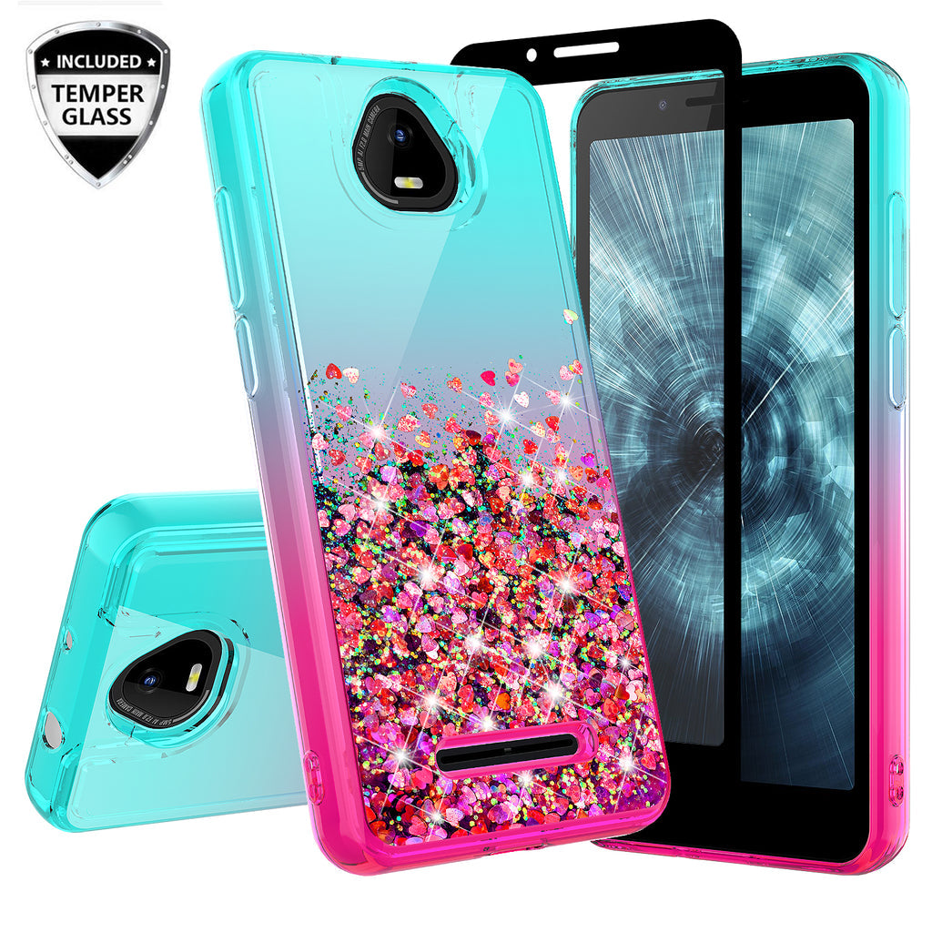 Case for Boost Schok Volt SV55 Liquid Glitter Phone Waterfall Floating Quicksand Bling Sparkle Cute Protective Girls Women Cover Case for Boost Schok Volt SV55 withTemper Glass - (Clear / Teal Gradient)