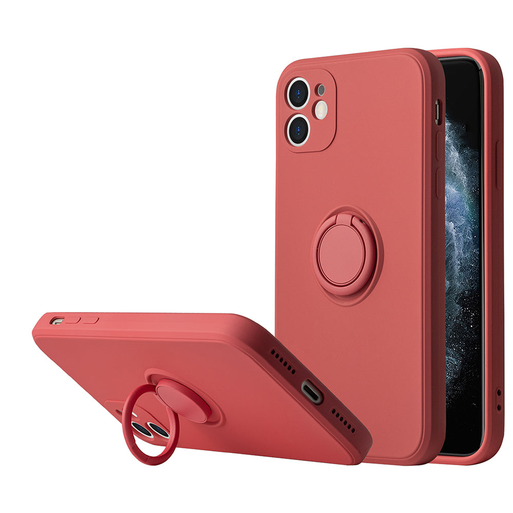 Apple iPhone 12 Case Slim Silicone with Microfiber Lining & 360 Ring Holder Kickstand - Rasberry Red