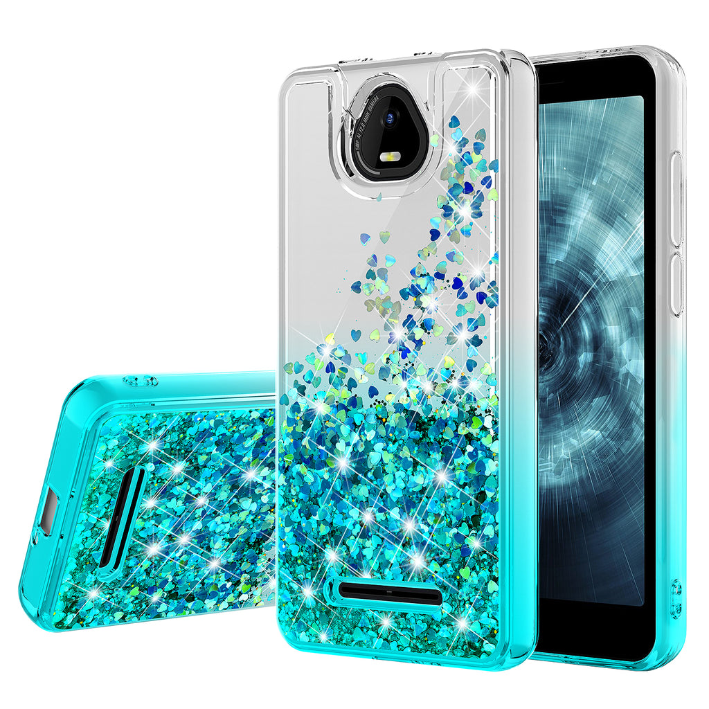 Case for Boost Schok Volt SV55 Liquid Glitter Phone Waterfall Floating Quicksand Bling Sparkle Cute Protective Girls Women Cover Case for Boost Schok Volt SV55 withTemper Glass - (Clear / Teal Gradient)