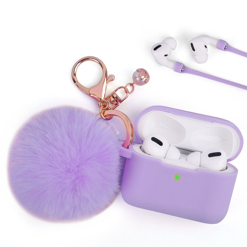 Apple Airpods Pro Case Slim 3-In-1 Silicone TPU with Fur Ball Ornament Key Chain Strap - Lavender