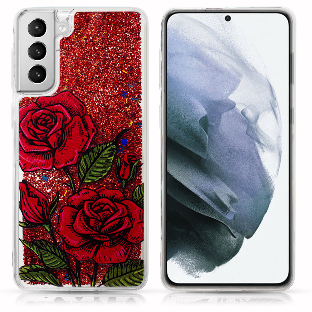 Samsung Galaxy S22 Plus Case Slim Liquid Sparkle Flowing Glitter TPU - Red Roses