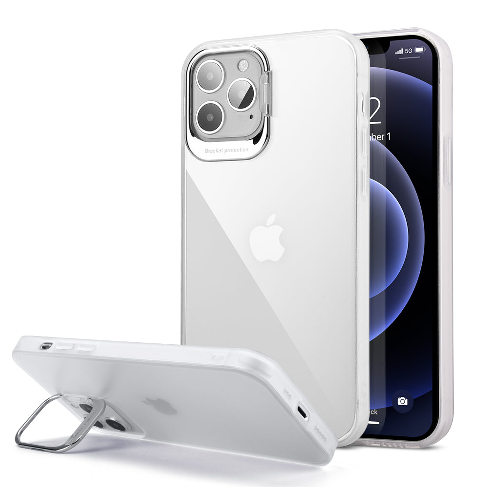 Apple iPhone 13 Pro Max Case Slim Transparent with Frame Raised Camera Protection & Kickstand - Frosted Clear