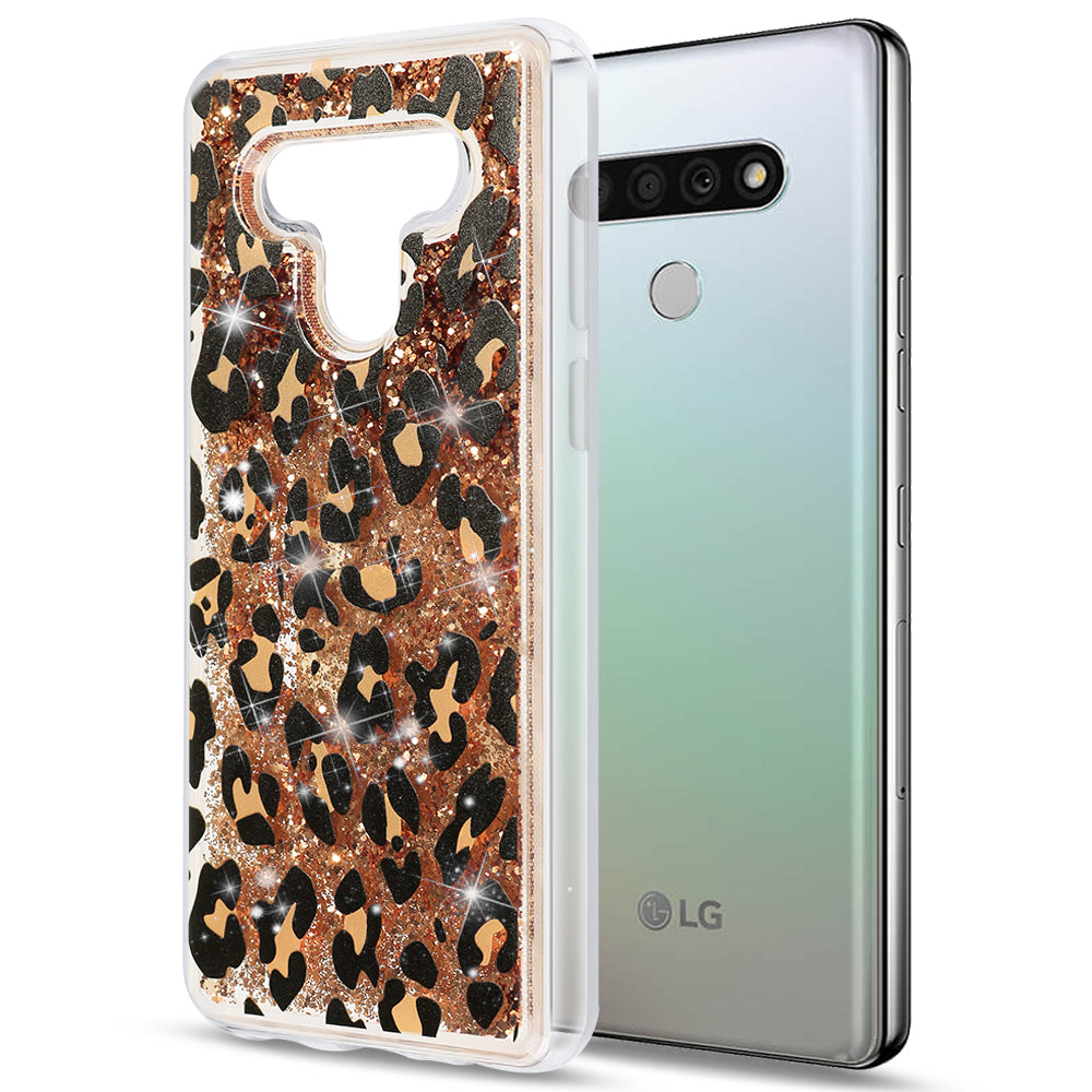 LG Stylo 6 Case Slim Liquid Sparkle Flowing Glitter TPU with Ring Holder Kickstand - Leopard