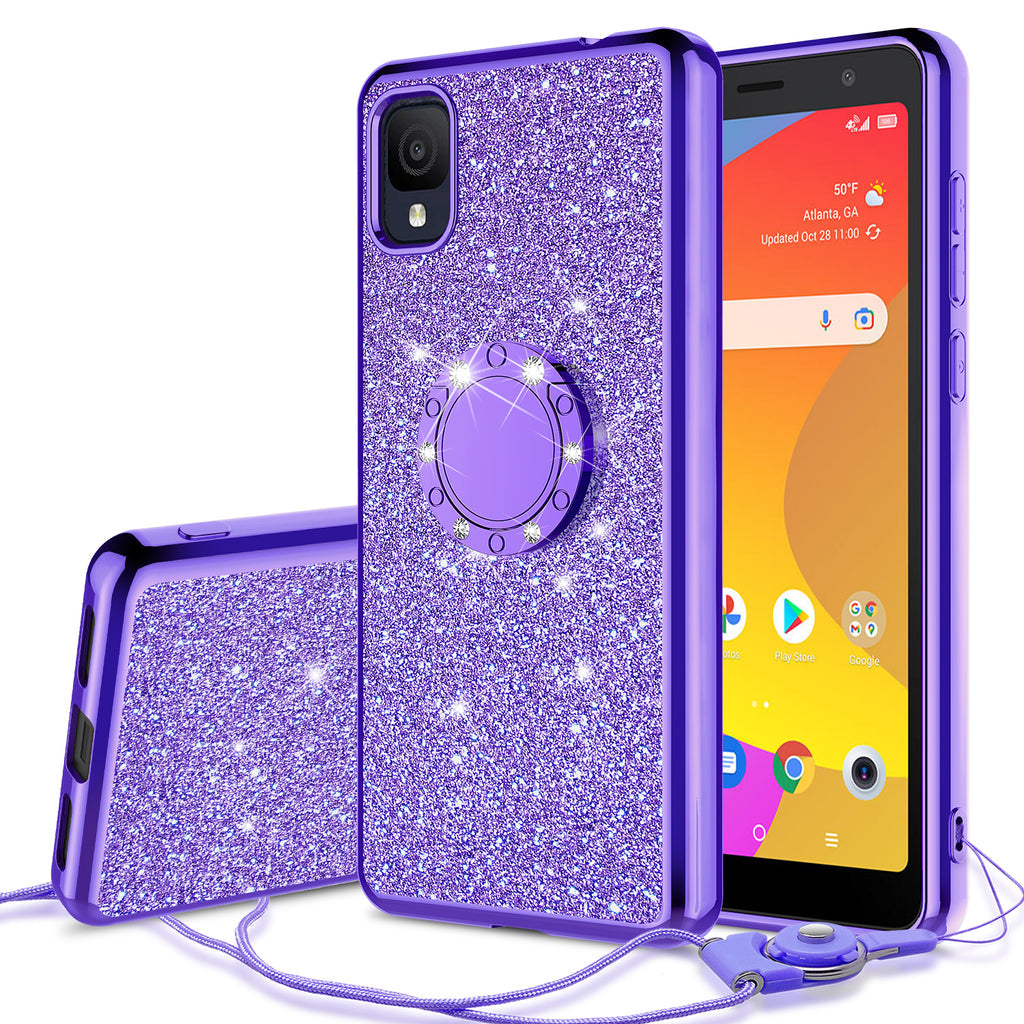 Case for TCL Ion Z Case Glitter Cute Phone Case Girls with Kickstand Bling Diamond Rhinestone Bumper Ring Stand Sparkly Luxury Clear Thin Soft Protective TCL Ion Z Girl Women - Purple