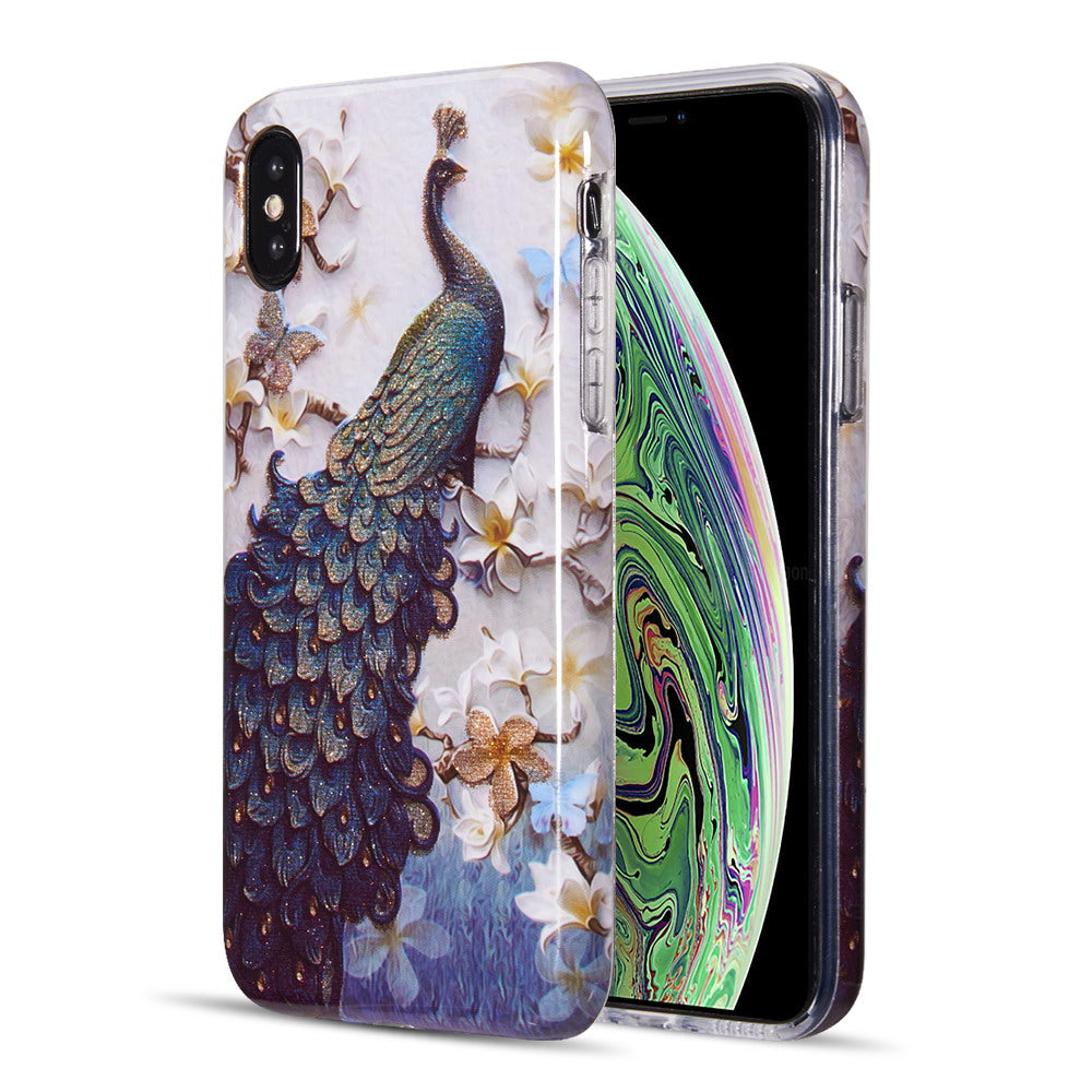 Apple iPhone XS Max Case Slim Art Marble TPU with Glitter - Peacock Divine