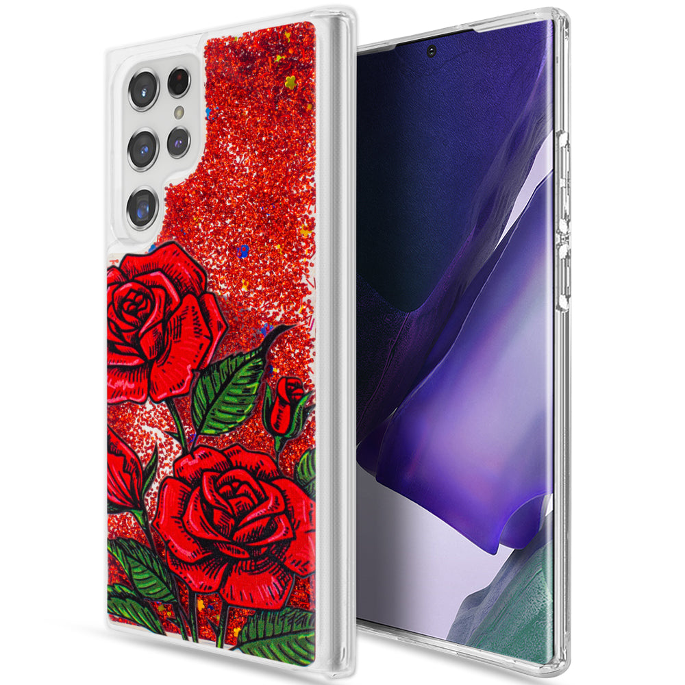 Samsung Galaxy S23 Ultra Case Slim Liquid Sparkle Flowing Glitter TPU - Red Roses