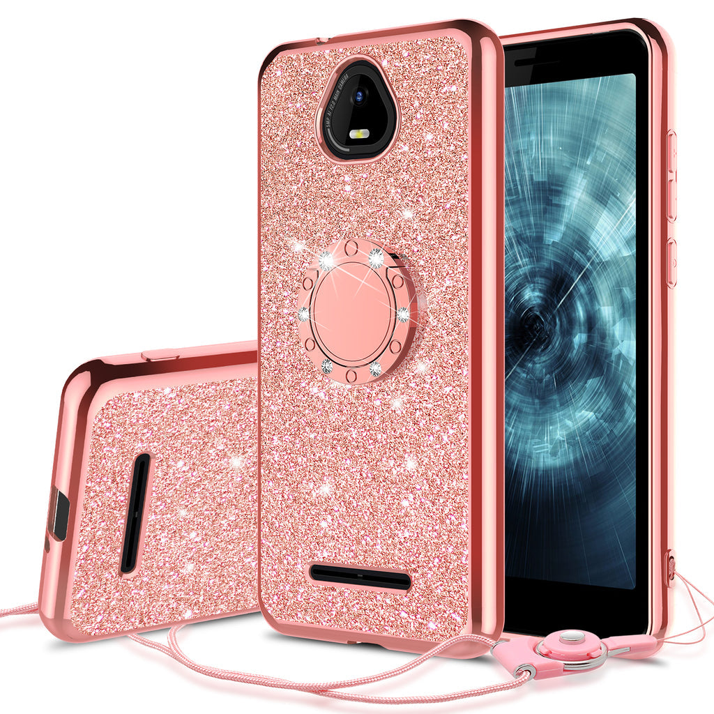 Case for Boost Schok Volt SV55 Case Glitter Cute Phone Case Girls with Kickstand Bling Diamond Rhinestone Bumper Ring Stand Sparkly Luxury Clear Thin Soft Protective Boost Schok Volt SV55 Girl Women - Rose Gold