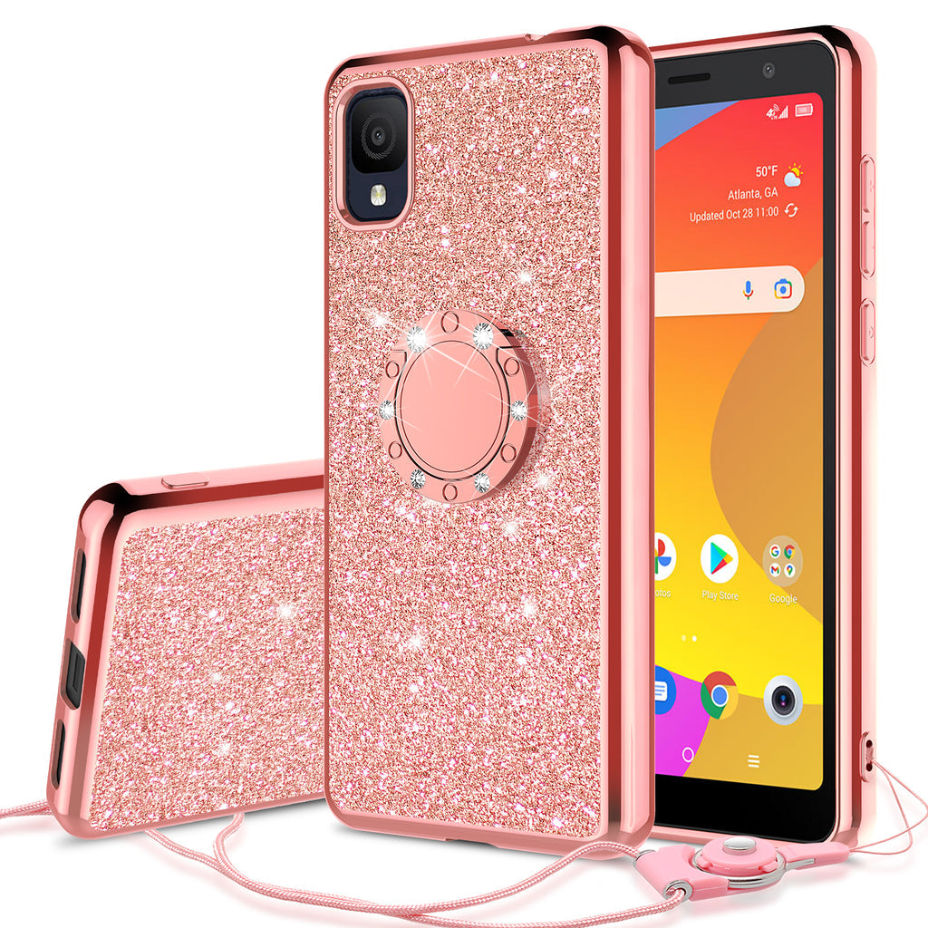 Case for TCL Ion Z Case Glitter Cute Phone Case Girls with Kickstand Bling Diamond Rhinestone Bumper Ring Stand Sparkly Luxury Clear Thin Soft Protective TCL Ion Z Girl Women - Pink