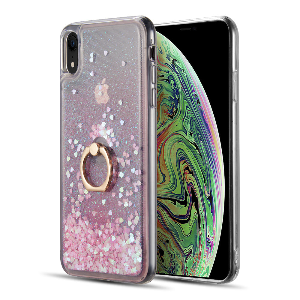 Apple iPhone XR Case Slim Liquid Sparkle Flowing Glitter TPU with Ring Holder Kickstand - Pink / Green