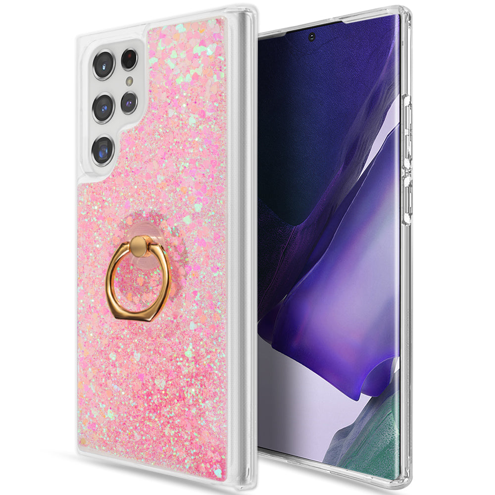 Samsung Galaxy S23 Ultra Case Slim Liquid Sparkle Flowing Glitter TPU with Ring Holder Kickstand - Pink / Green