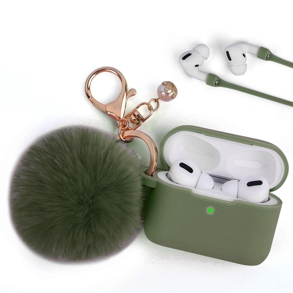 Apple Airpods Pro Case Slim 3-In-1 Silicone TPU with Fur Ball Ornament Key Chain Strap - Midnight Green