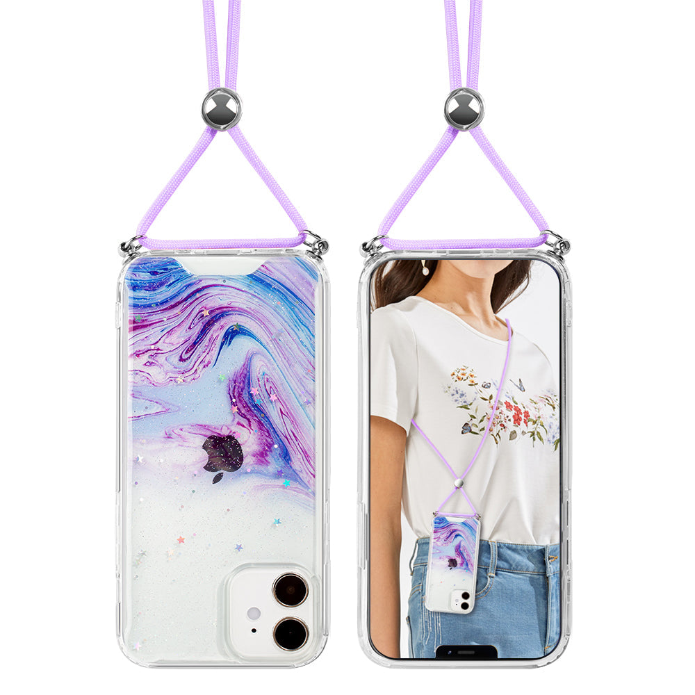 Apple iPhone 12 Mini Case Slim Acrylic + TPU 3D Crystal Lacquer with Lanyard - Purple Galaxy Swirl