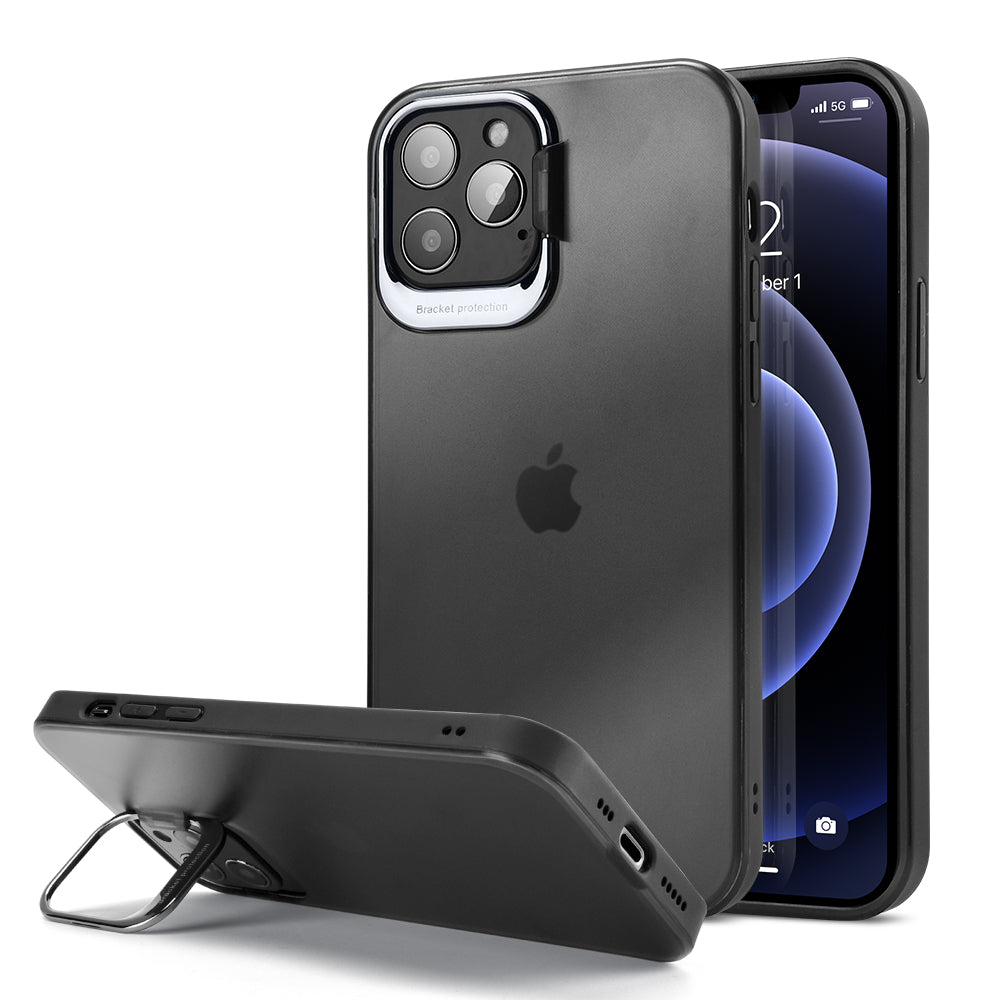 Apple iPhone 13 Pro Max Case Slim Transparent with Frame Raised Camera Protection & Kickstand - Frosted Black