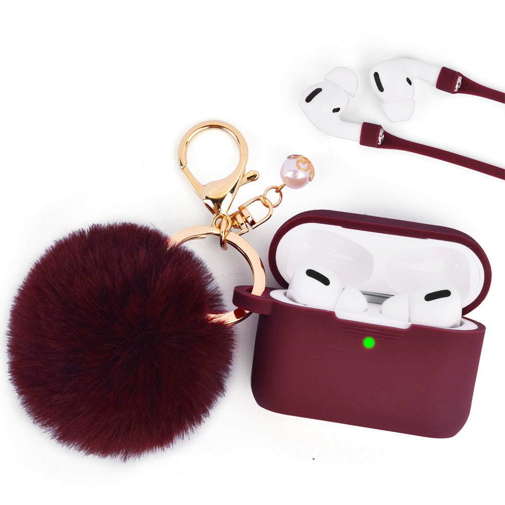 Apple Airpods Pro Case Slim 3-In-1 Silicone TPU with Fur Ball Ornament Key Chain Strap - Burgundy