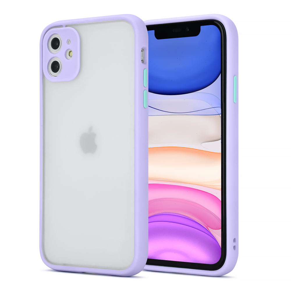 Apple iPhone 11 Case Slim Frosted with Camera Lens Protector - Lavender + Blue Buttons