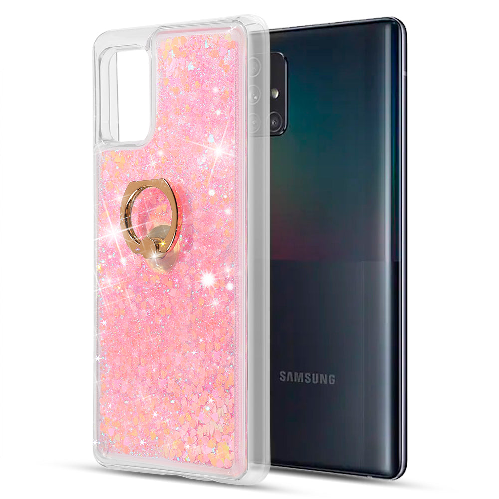 Samsung Galaxy A22 5G Case Slim Liquid Sparkle Flowing Glitter TPU with Ring Holder Kickstand - Pink / Green