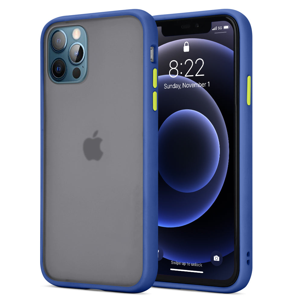 Apple iPhone 13 Pro Max Case Slim Frosted with Camera Lens Protector - Navy Blue + Lime Green Buttons