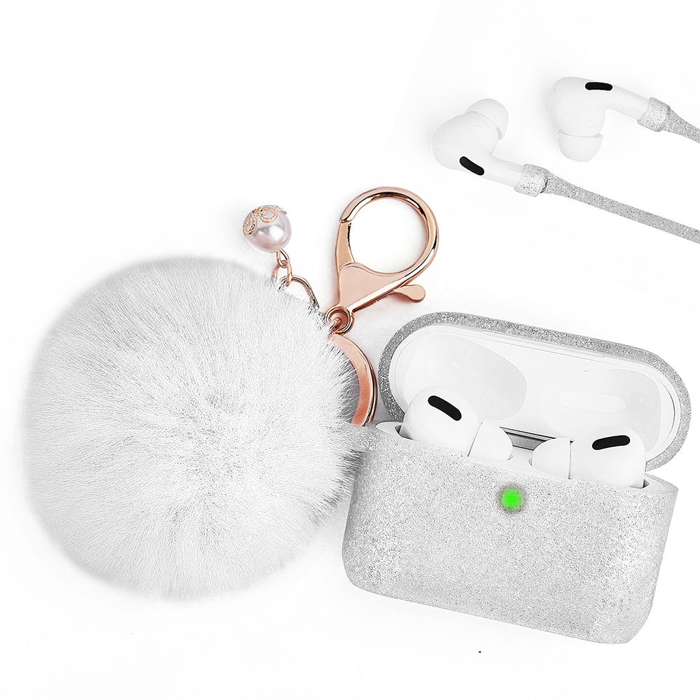 Apple Airpods Pro Case Slim 3-In-1 Silicone TPU with Fur Ball Ornament Key Chain Strap - Ivory White Glitter