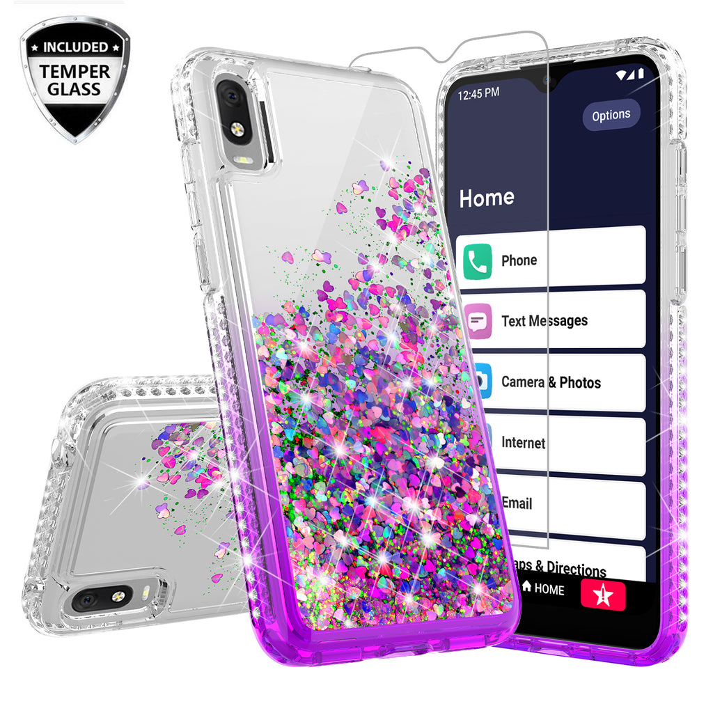 Case for Alcatel Jitterbug Smart3 / Lively Smart Liquid Glitter Phone Waterfall Floating Quicksand Bling Sparkle Cute Protective Girls Women Cover Case for Alcatel Jitterbug Smart3 / Lively Smart withTemper Glass - (Purple Gradient)