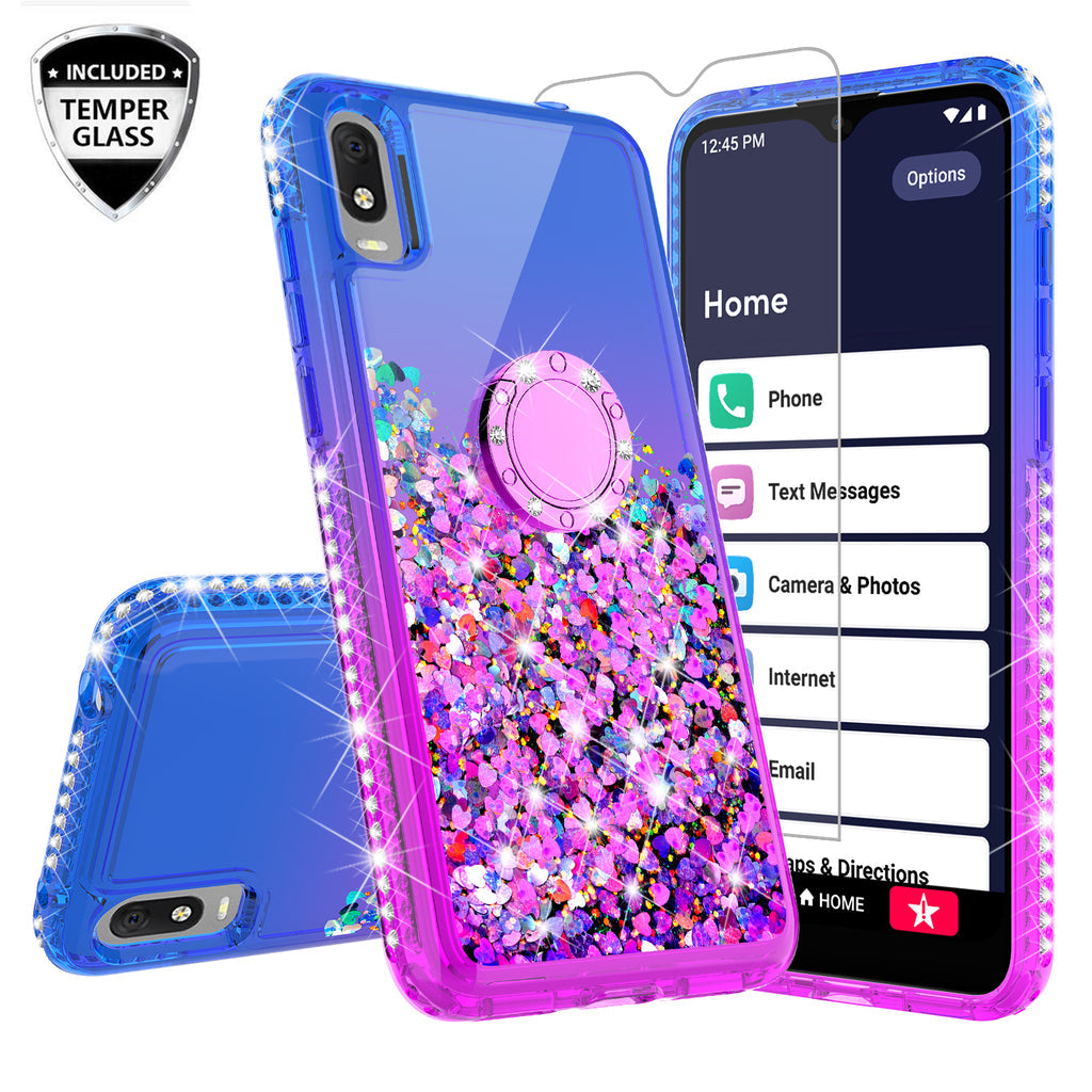 Case for Alcatel Jitterbug Smart3 / Lively Smart withTemper Glass Glitter Phone Kickstand Compatible Case for Alcatel Jitterbug Smart3 Lively Smart Ring Stand Liquid Floating Quicksand Bling Sparkle Protective Girls Women - (Blue / Purple Gradient)