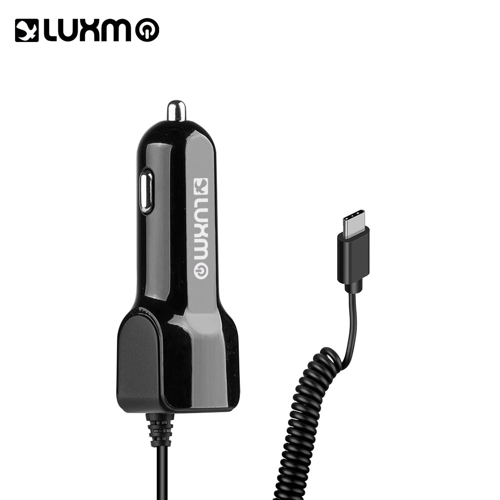 Universal 2.1A Type C Car Charger with Attached Cable &Amp; One Extra USB Charging Port - Black