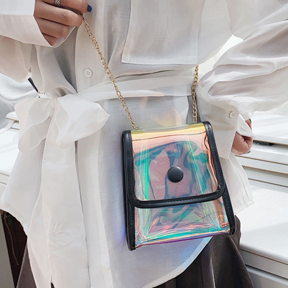 Universal Fashionably Chic Holographic Iridescent Clear Mini Purse Bag with Crossbody Gold-Tone Chain - Black + Clear