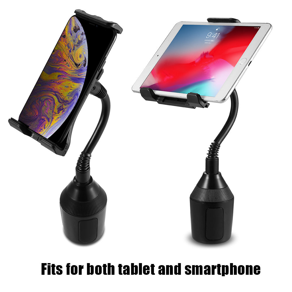 Universal Cup Holder Car Mount with Adjustable Extension Arm and Rotatable Cradle Fits Both Smartphone and Tablet - Black