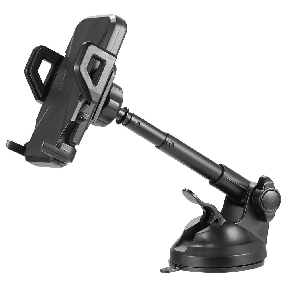 Universal Dashboard and Windshield Car Phone Mount Holder with Metal Telescopic Extension Arm and 255 Degree Adjustable Viewing Angle - Black