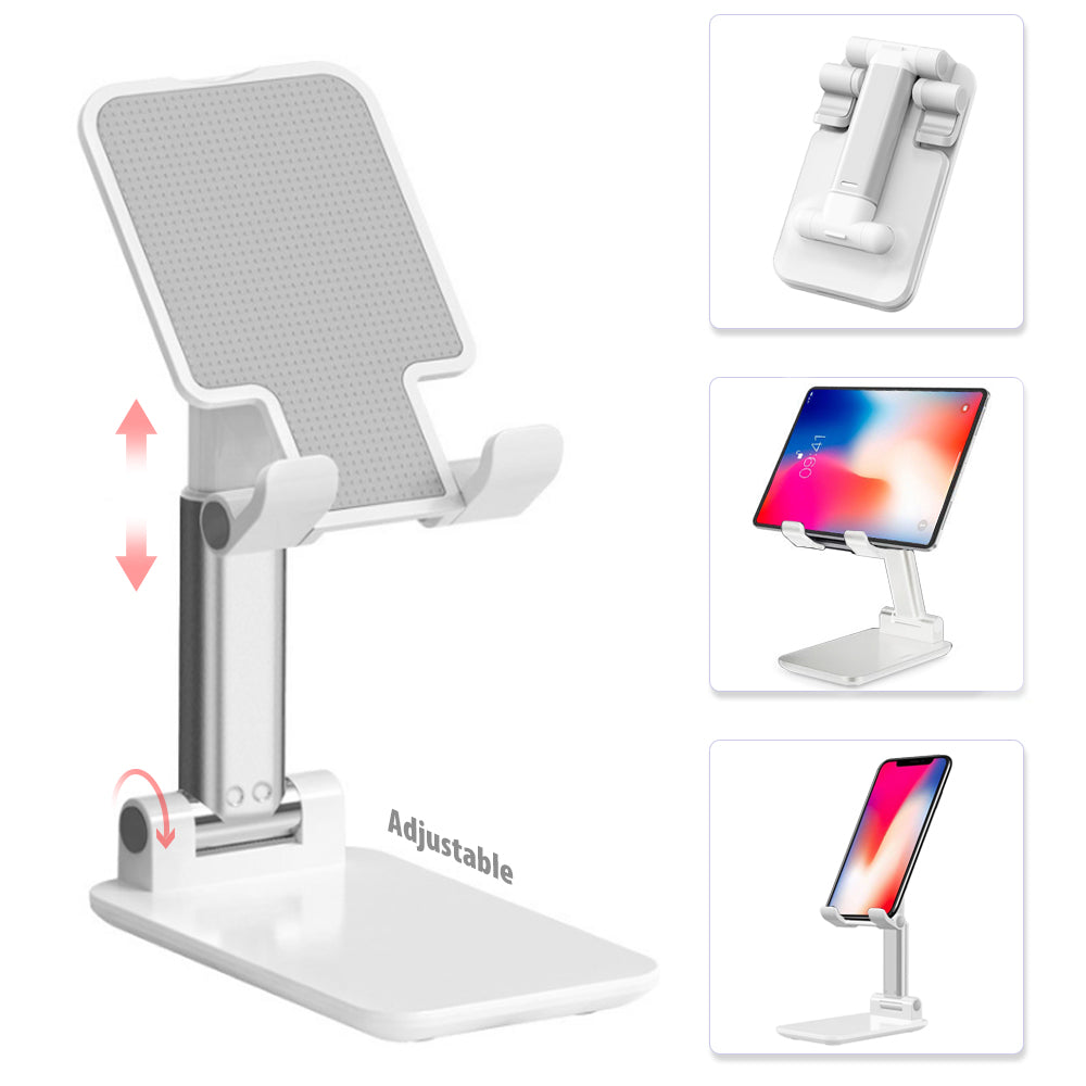 Universal Adjustable Folding Desktop Phone Stand with Anti-Slip Base and Easy Access Charging Ports - White