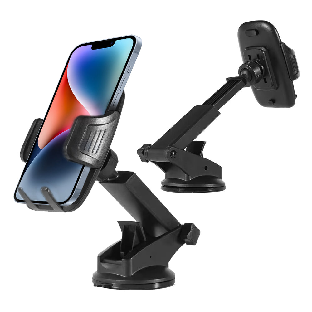 Universal Dashboard and Windshield Car Phone Mount Holder with Durable Extension Arm 360 Degree Adjustable Viewing Angle and Lock & Relase Button & Cushioned Cradle - Black