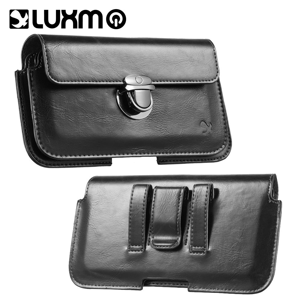 Luxmo Large Size 6.3 inch 6.75 x 3.75 x 0.75 Horizontal Universal Stylish Leather Pouch - Black with Black Hardware