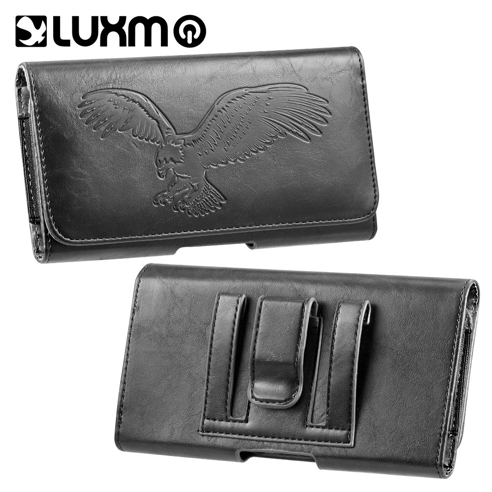 Luxmo Medium Size 5.5 inch 6.25 x 3.5 x 0.6 Horizontal Universal Leather Pouch with Embossed American Eagle Print - Black