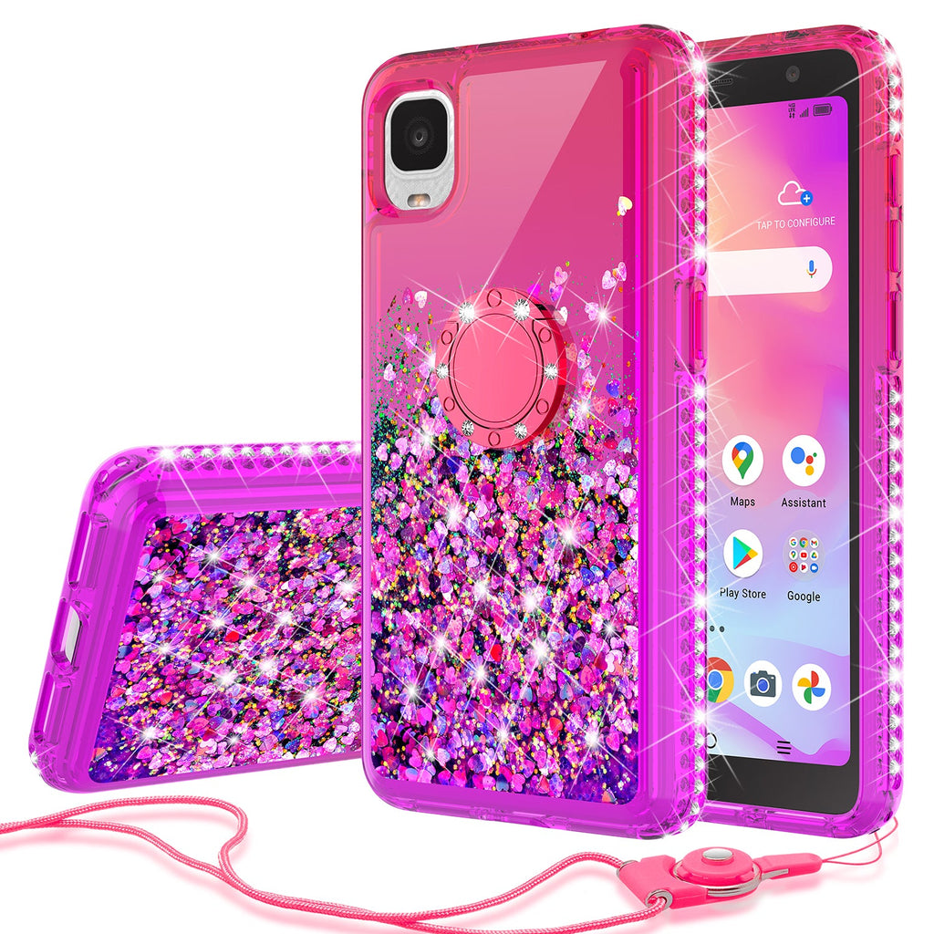 Case for TCL Ion Z / A3 / A30 withTemper Glass Glitter Phone Kickstand Compatible Case for TCL Ion Z / A3 / A30 TCL Ion Z / A3 / A30 Ring Stand Liquid Floating Quicksand Bling Sparkle Protective Girls Women - (Hot Pink / Purple Gradient)
