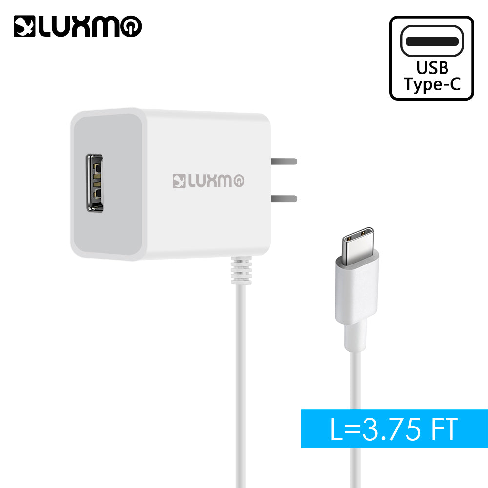 Luxmo Universal 2.1A Type C Traveling Charger with Attached Cable & One Extra USB Charging Port - White