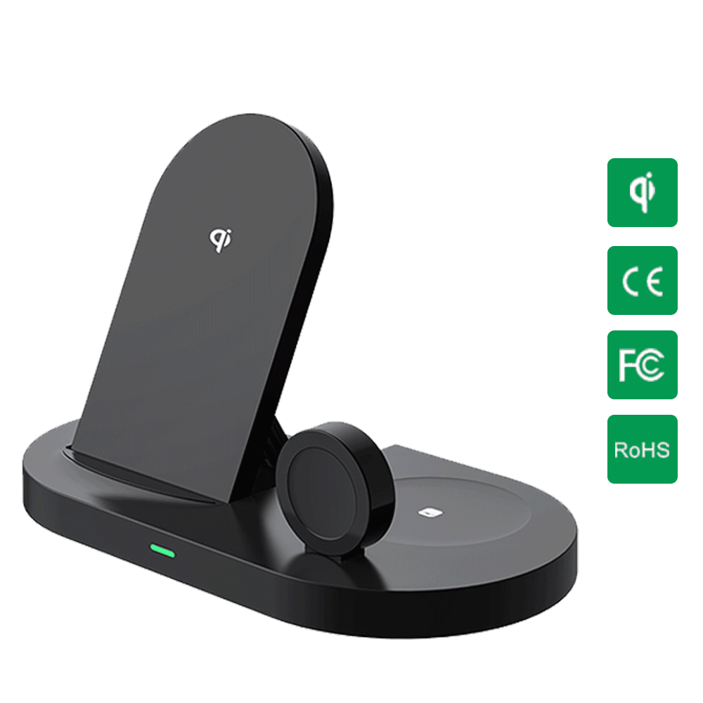 Universal 15W 3-In-1 Fast Wireless Charging Pad for Smartphone Watch and Airpods Holder Ce Fcc Rohs - Black