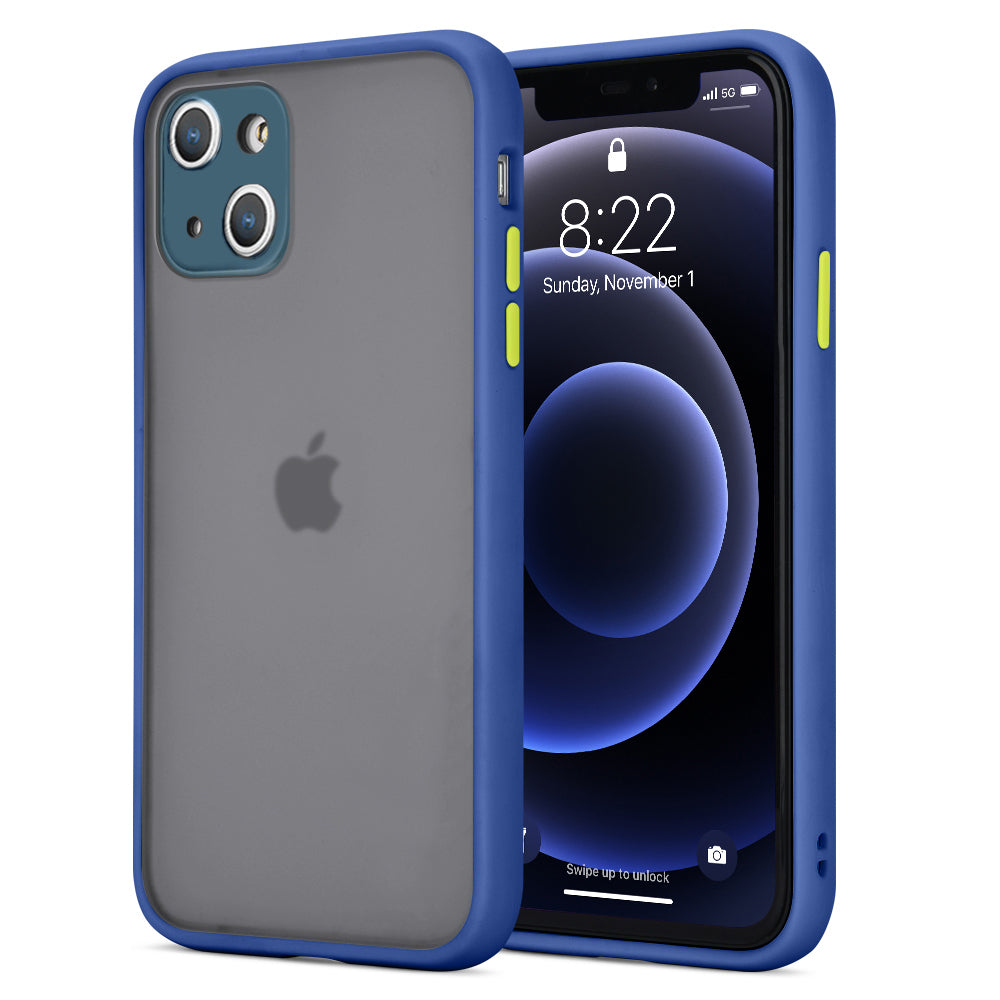 Apple iPhone 13 Case Slim Frosted with Camera Lens Protector - Navy Blue + Lime Green Buttons