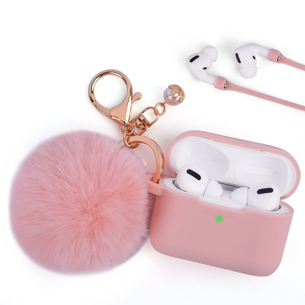 Apple Airpods 3 Case Slim 3-In-1 Silicone TPU with Fur Ball Ornament Key Chain Strap - Peach Pink