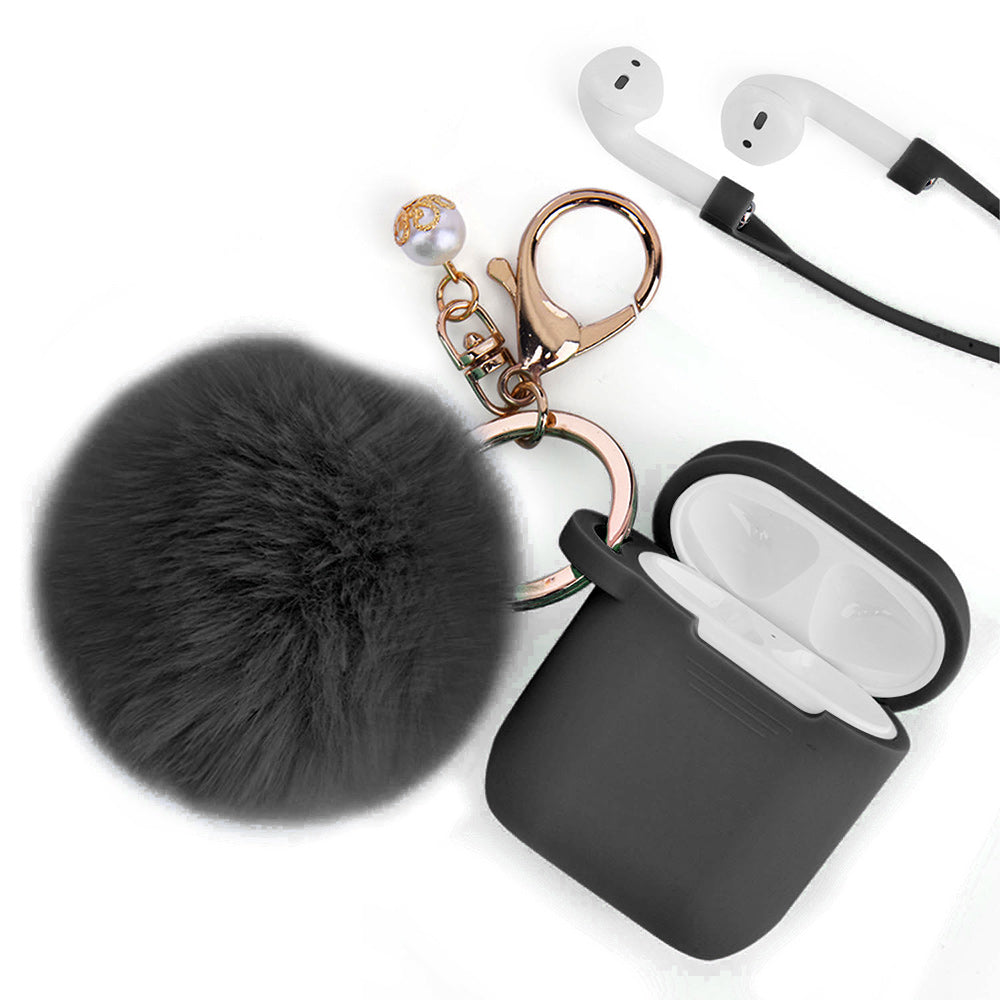 Apple Airpods Case Slim 3-In-1 Silicone TPU with Fur Ball Ornament Key Chain Strap - Black