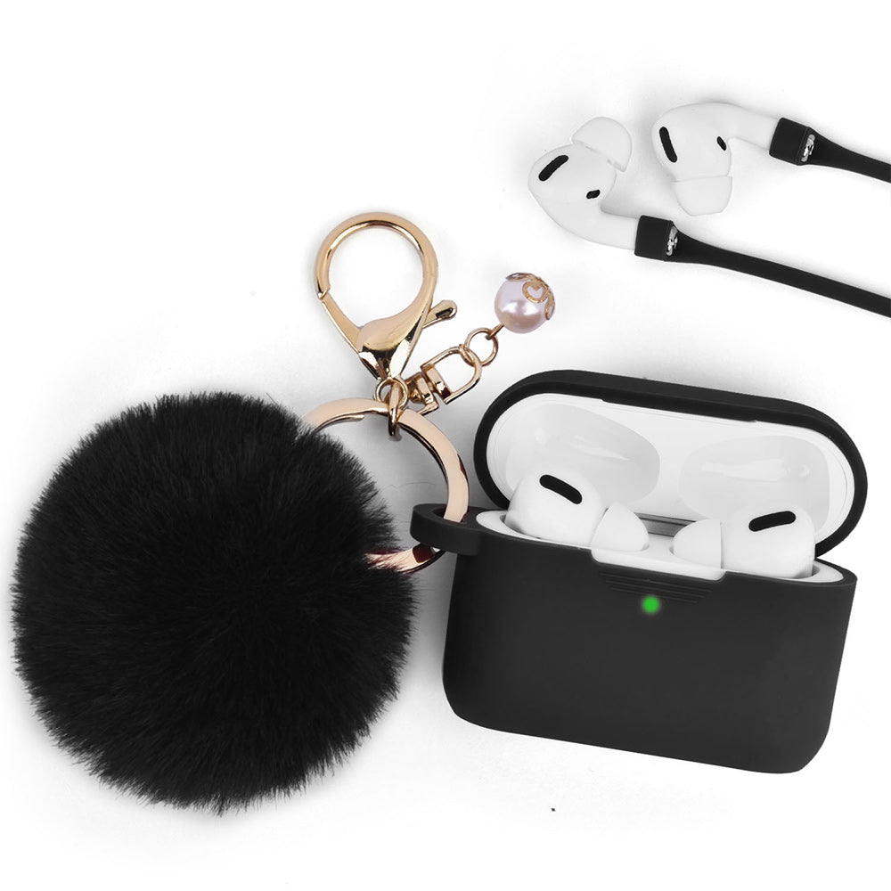 Apple Airpods Pro Case Slim 3-In-1 Silicone TPU with Fur Ball Ornament Key Chain Strap - Black